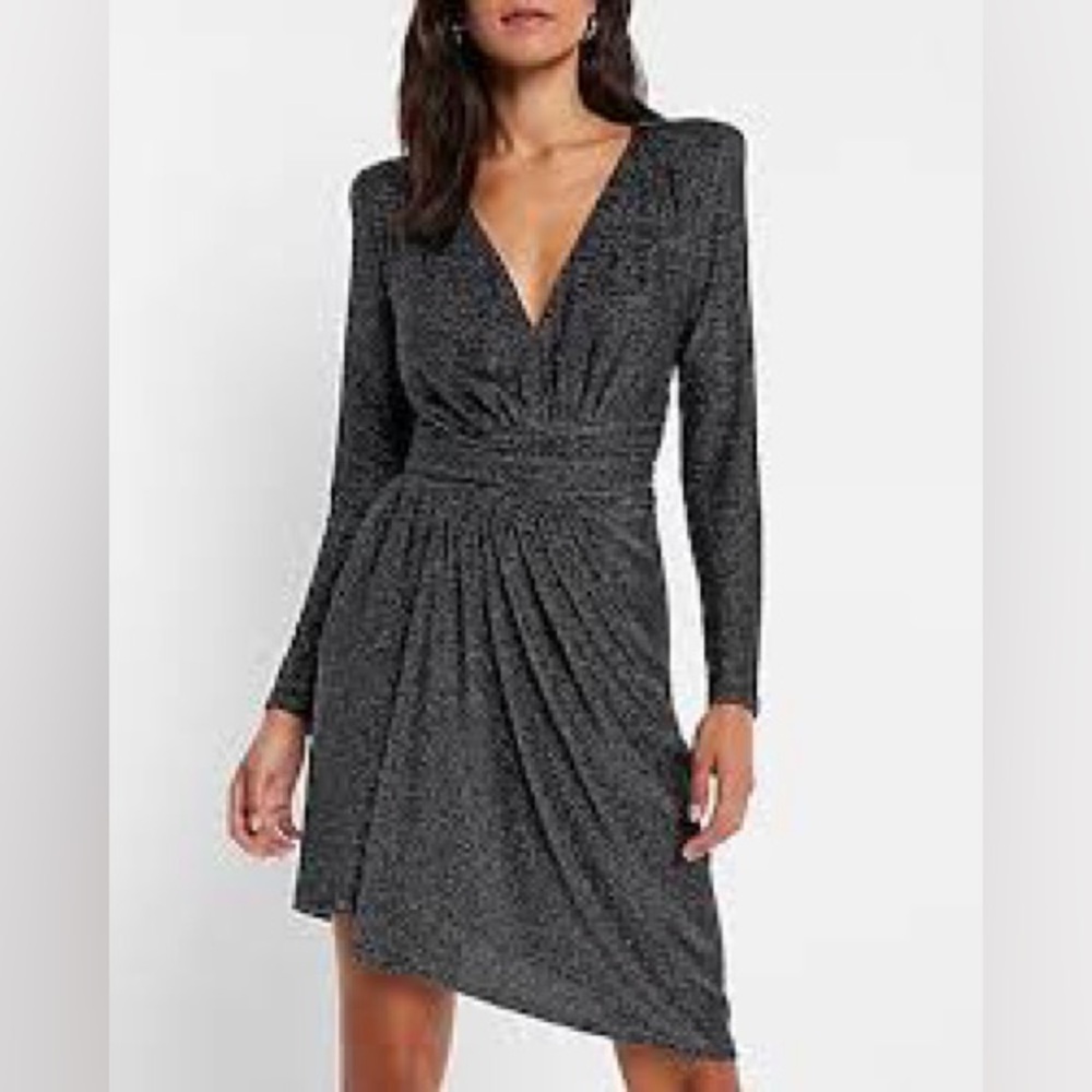 New With Tags Cocktail & Party Metallic Draped V-Neck Strong Shoulder Mini Dress